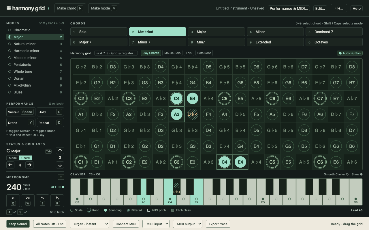 Harmony Grid showing mode and chord selectors, the note grid, clavier, sustain controls and metronome